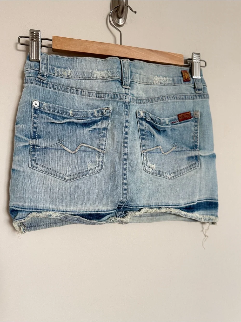 7 For All Mankind Light Wash Denim Mini Skirt Size 10 | Distressed Y2K Low Rise